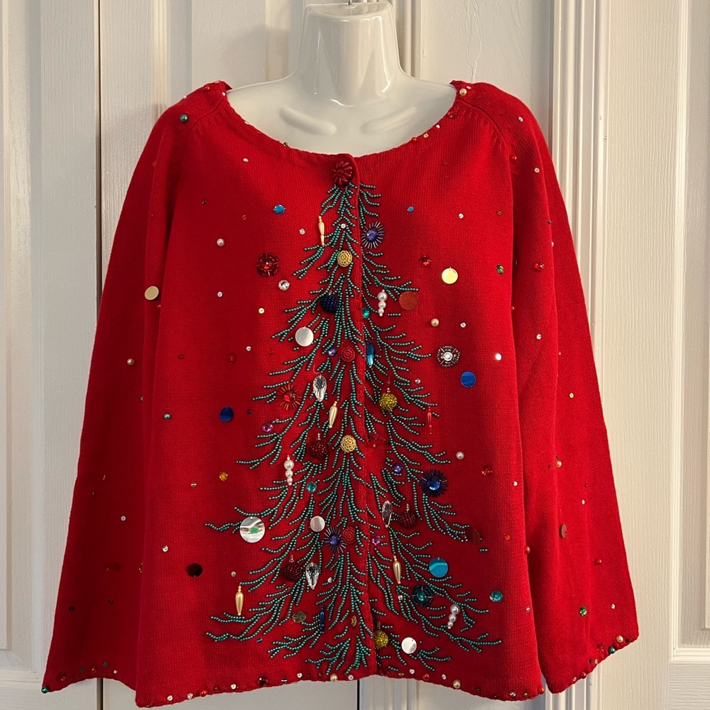 Michael Simon Women's 3X Red Christmas Tree Sweater Embellished Beaded Vintage